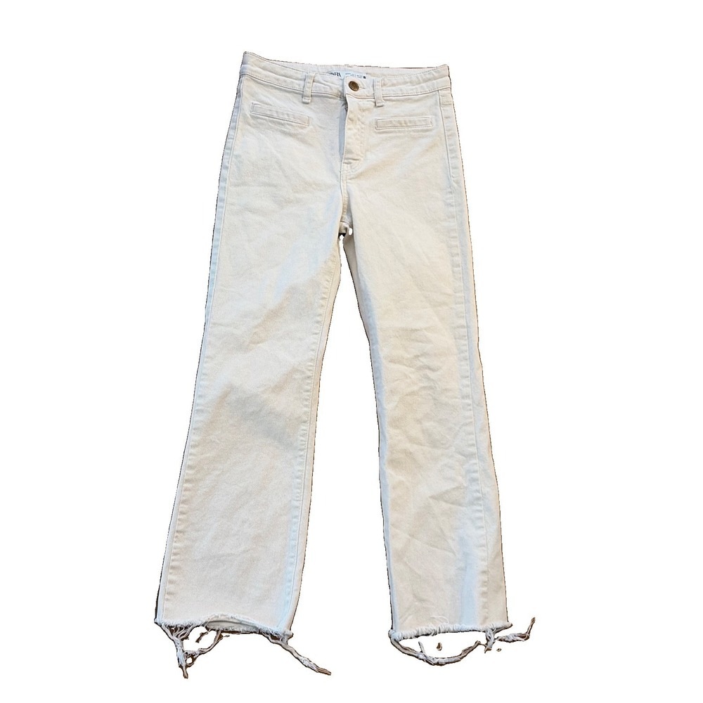 Zara High Waist Flared Cropped Jeans Women's Size 2 Off White Raw Hem Frayed
